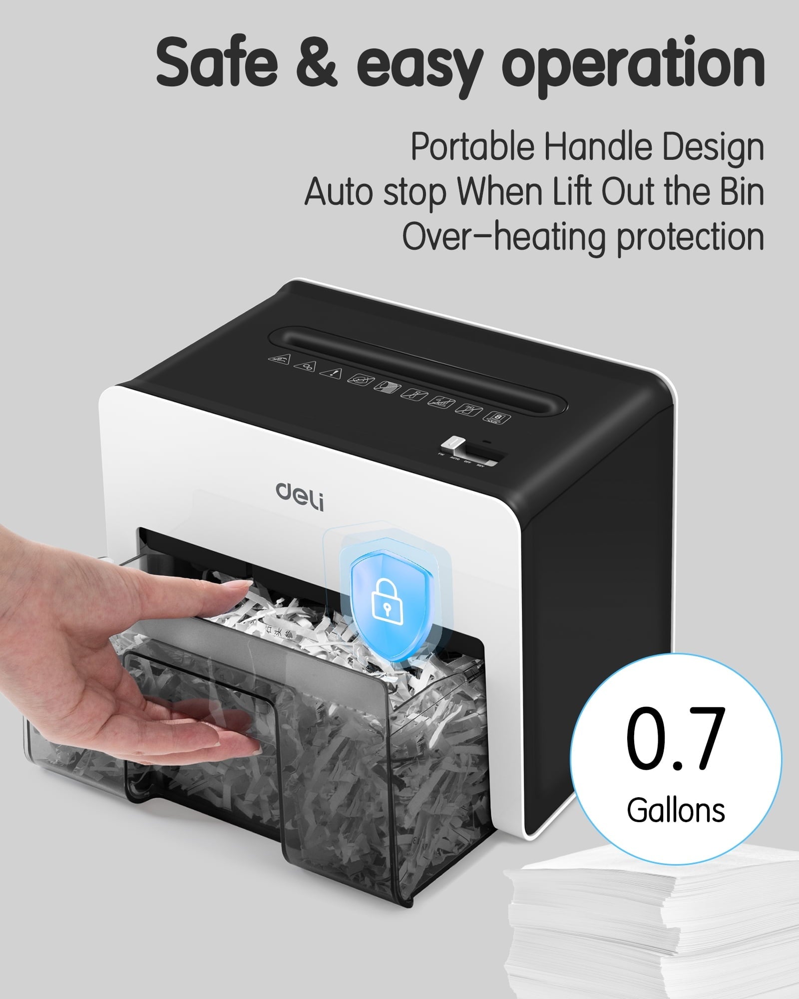 Deli 8-Sheet Paper Shredder Home Office Use Shredder, Mini Desktop Crosscut Shredder with 0.7 Gallon Bin Shred Credit Card/Mail/Staple/Clip, P-4 Security Paper Cutter, White