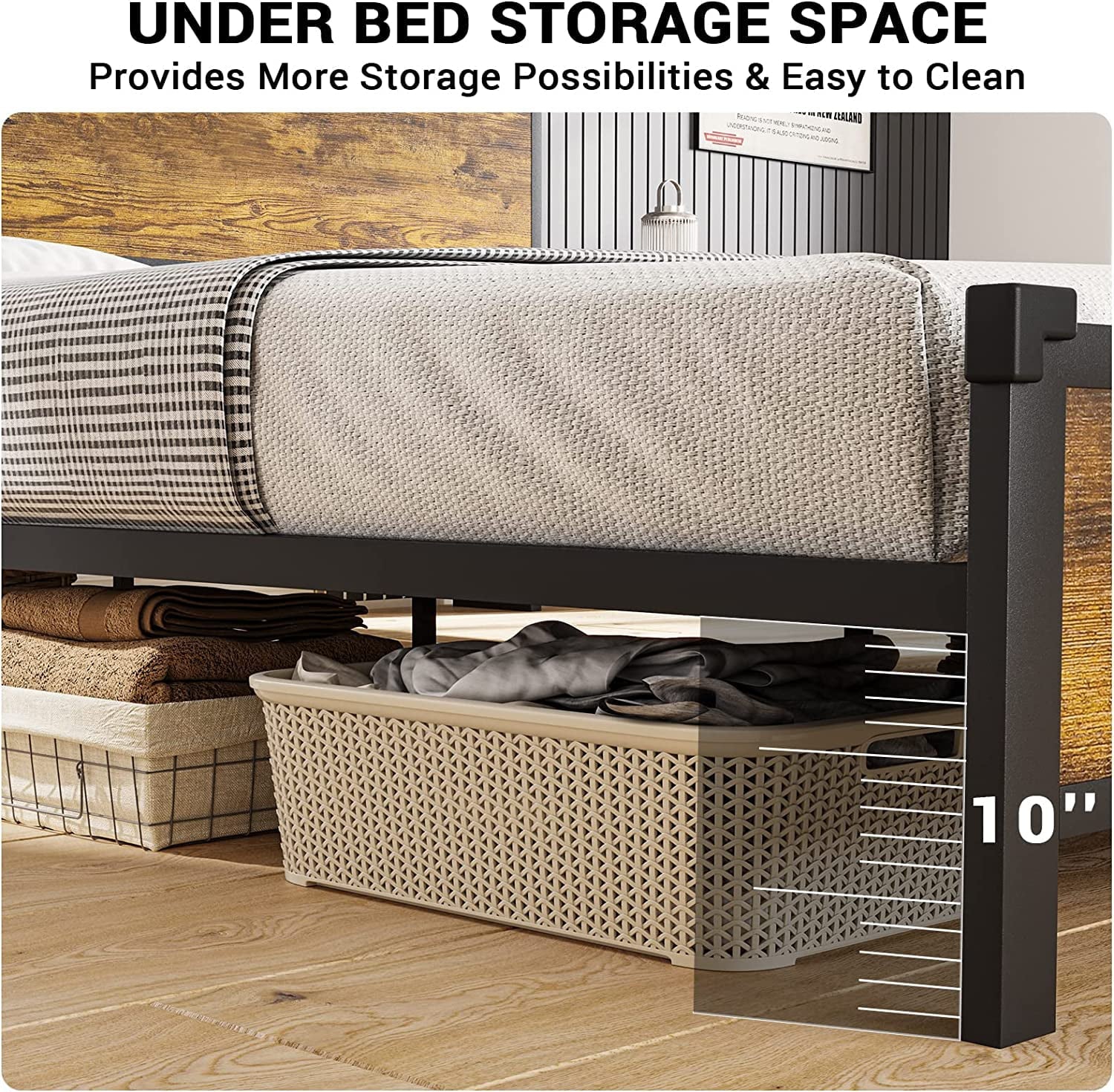 Tiptiper Queen Bed Frame with LED Lights Headboard, Metal Platform Bed with Outlets and USB Ports, Storage Headboard, Vintage Brown