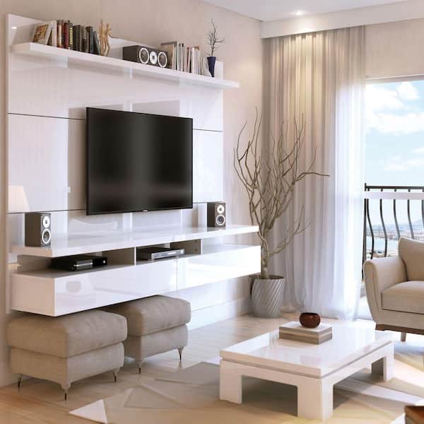 City 72 in. White Gloss Composite Floating Entertainment Center Fits TVs Up to 70 in. with Wall Panel