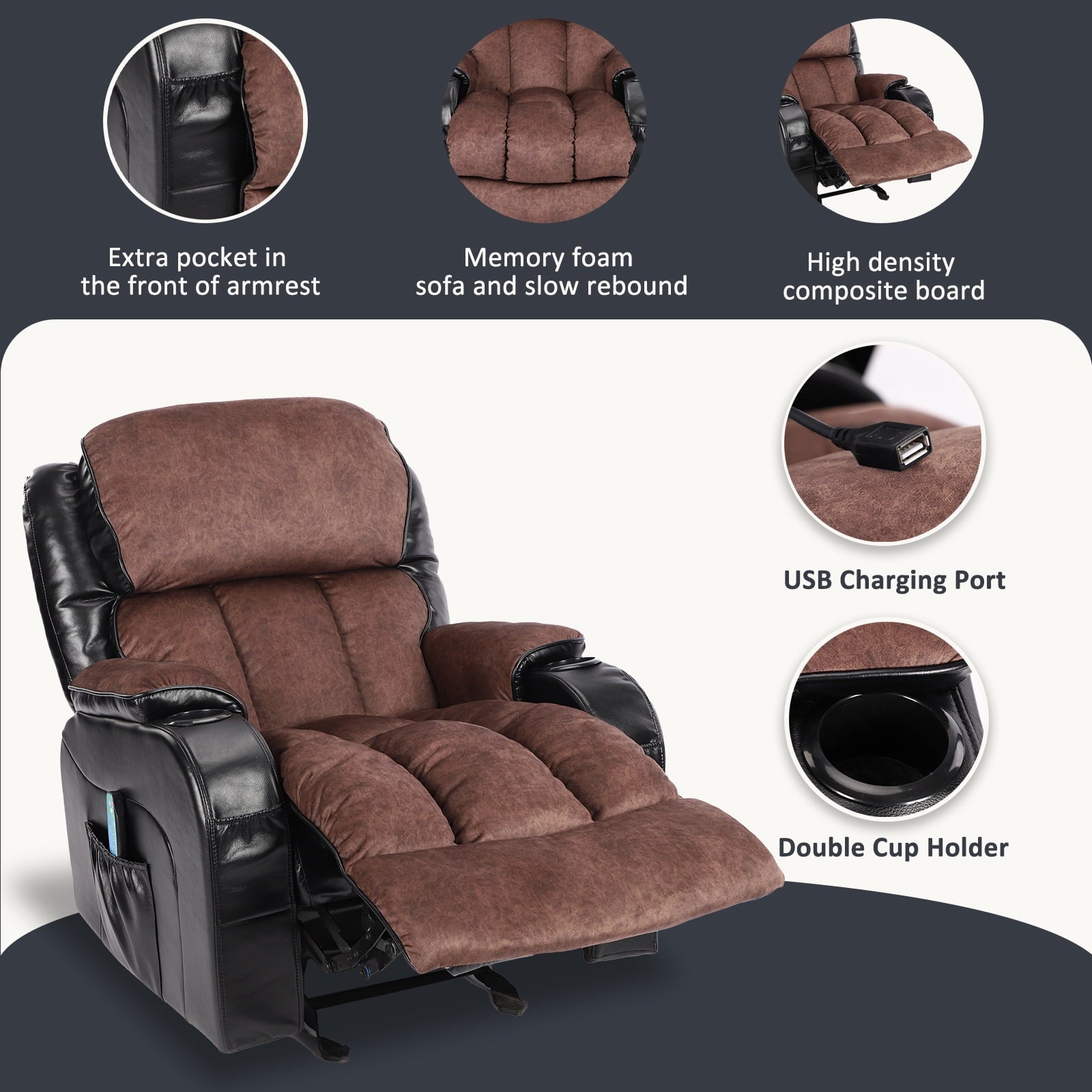 Leather Massage Recliner Chair, Modern Electric Power Rocker with Heated Massage, Ergonomic Lounge Chair, SEGMART Single Sofa Seat with Drink Holders for Living Room, Black and Brown