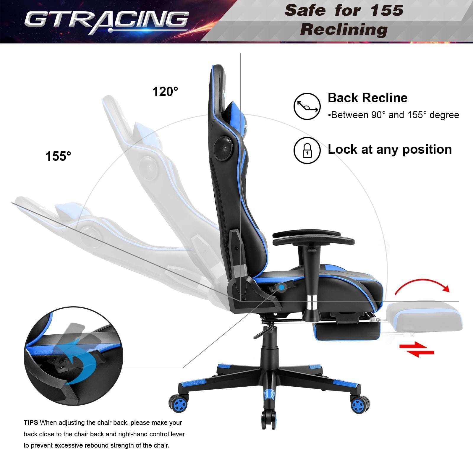 GTPLAYER Gaming Chair with Bluetooth Speakers Footrest PU Leather Music Office Chair, Blue