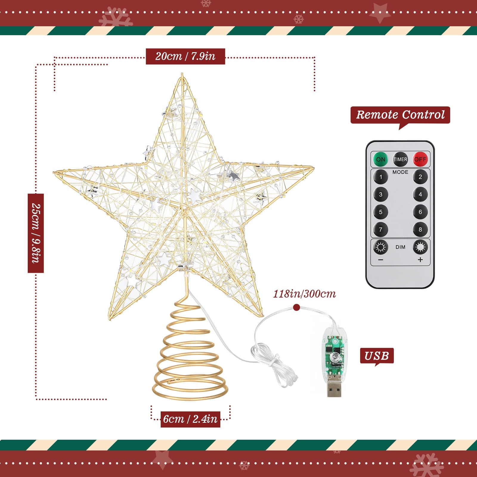 Roylvan Christmas Star Tree Topper with Remote Control, 8 Light Modes & 4 Brightness, 9.84
