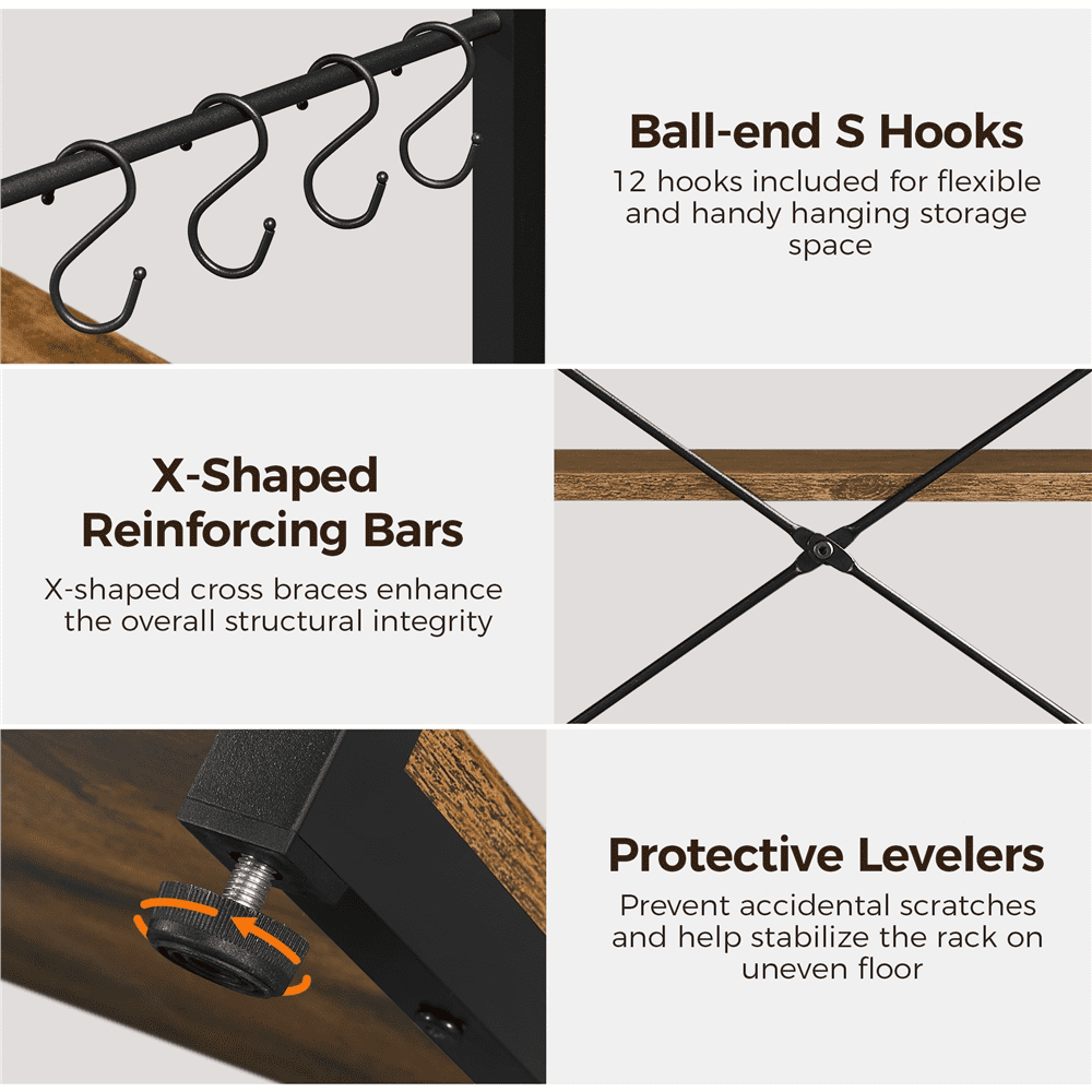 Topeakmart 71''H Industrial Baker's Rack with 12 Hooks, Wine Rack, Stemware Holder, Rustic Brown