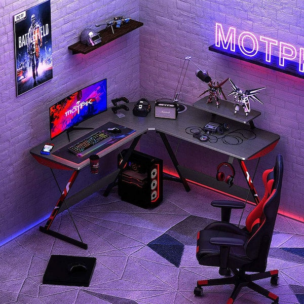 51 in. L Shaped Carbon Fiber Computer Gaming Desk with Monitor Shelf, Black