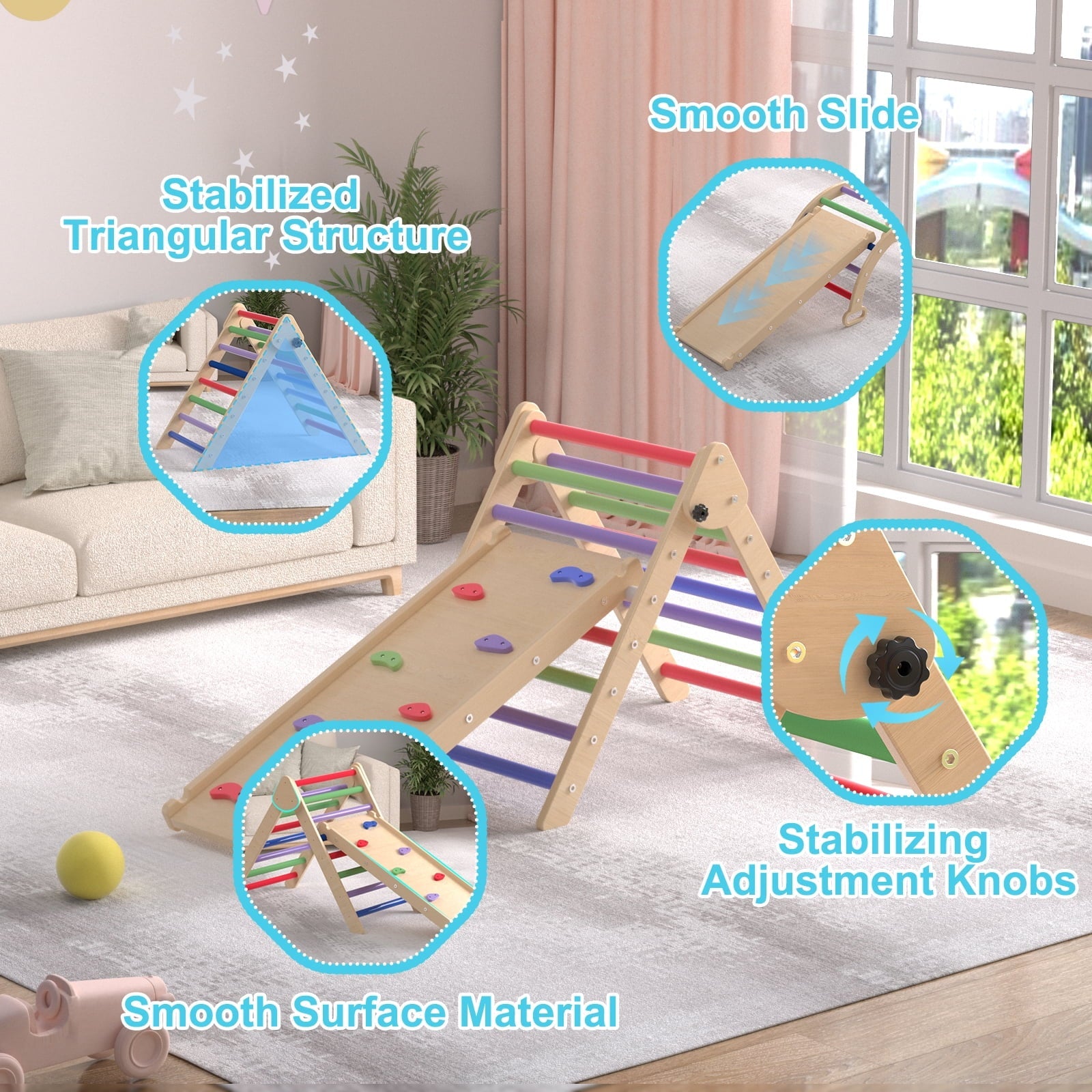 YUFU 2 in 1 Climbing Triangle Ladder with Ramp Foldable Wooden Triangle Climber Set Montessori Climbing Toys for Kids Ourdoor Indoor Playground Play Gym