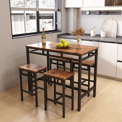 5 Piece Bar Table Set, Kitchen Counter Height Table with 4 Stools, Space Saving Pub Table Set for 4 Person with Metal Frame, Wood Dining Table & Chair Set for Breakfast Nook Pub Bistro, B945