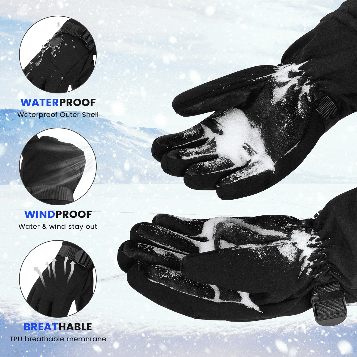 Ski Gloves, Touchscreen Snowboard Gloves with Pocket, Waterproof Snow Gloves for Cold Weather, Winter Gloves Warm for Men & Women, Suitable for Driving/Cycling/Running/Hiking(Black)