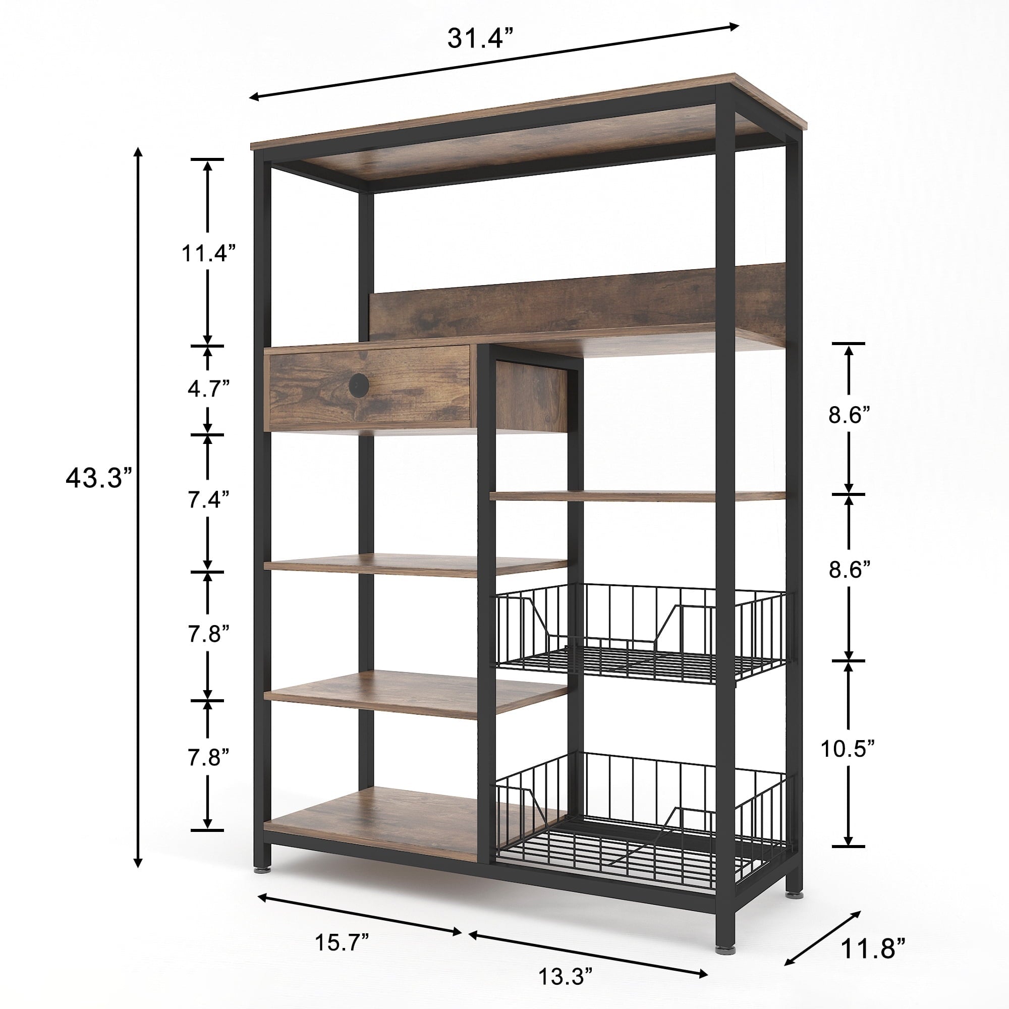 NAIYUFA 5-Tier Kitchen Bakers Rack with Storage,Microwave Oven Stand,Utility Brown Storage Shelf with Drawer and Mesh Baskets