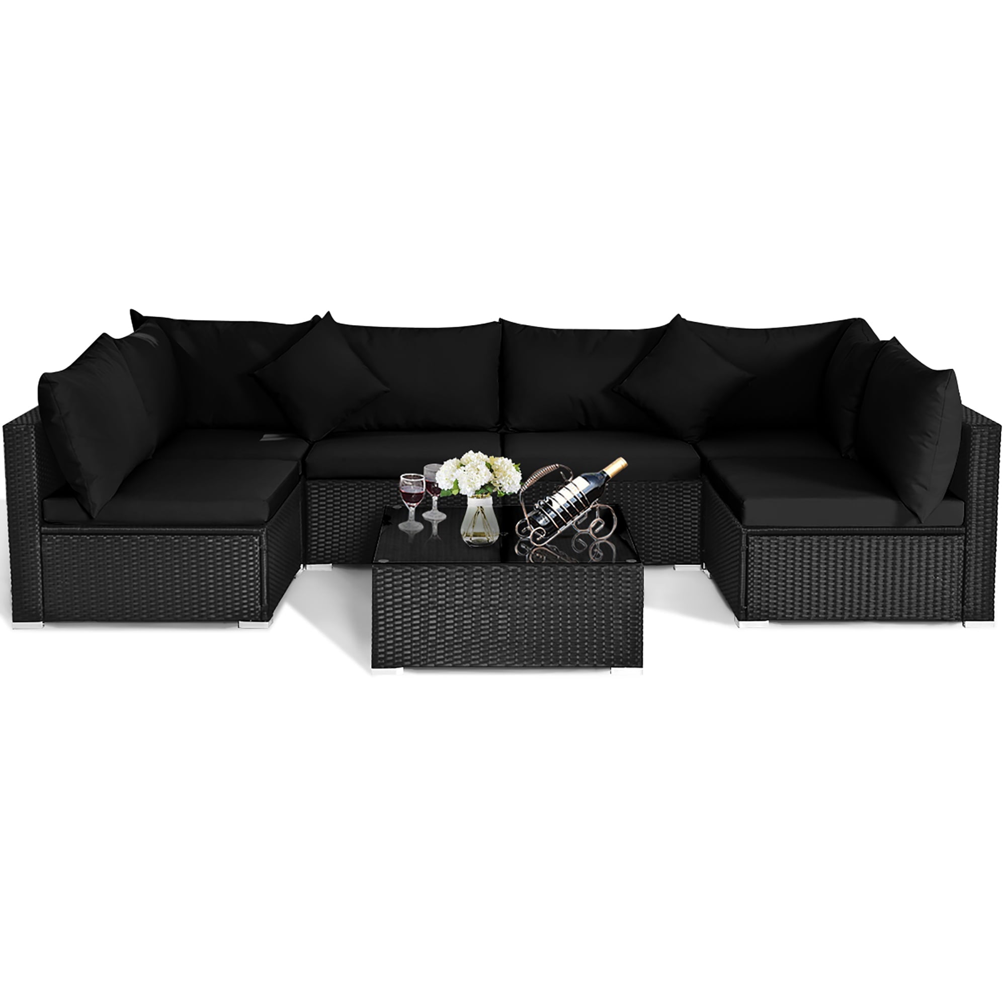 Costway 7PCS Patio Rattan Sofa Set Sectional Conversation Furniture Set Garden Black
