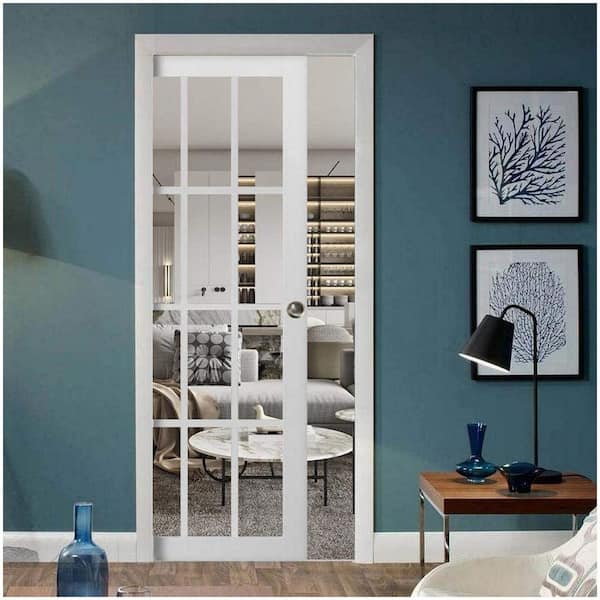 3355 36 in. x 80 in. 1 Panel White Finished Pine Wood Sliding Door with Pocket Hardware