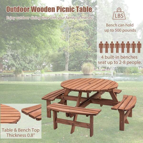70.07 in. W Brown Solid Wood 8 Person Wooden Picnic Table Garden DIY w/4 Built-in Benches