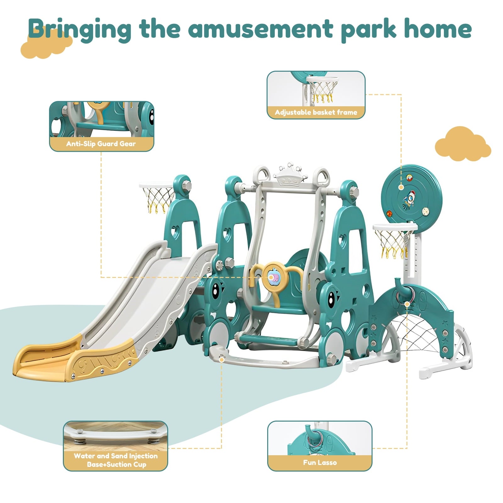 Leavader Kids' Playground Equipment Set - Slide, Swing, Basketball and Soccer Stand Combo