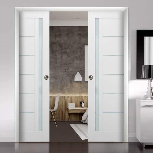 56 in. x 96 in. Single Panel White Finished Solid MDF Sliding Door with Double Pocket Hardware