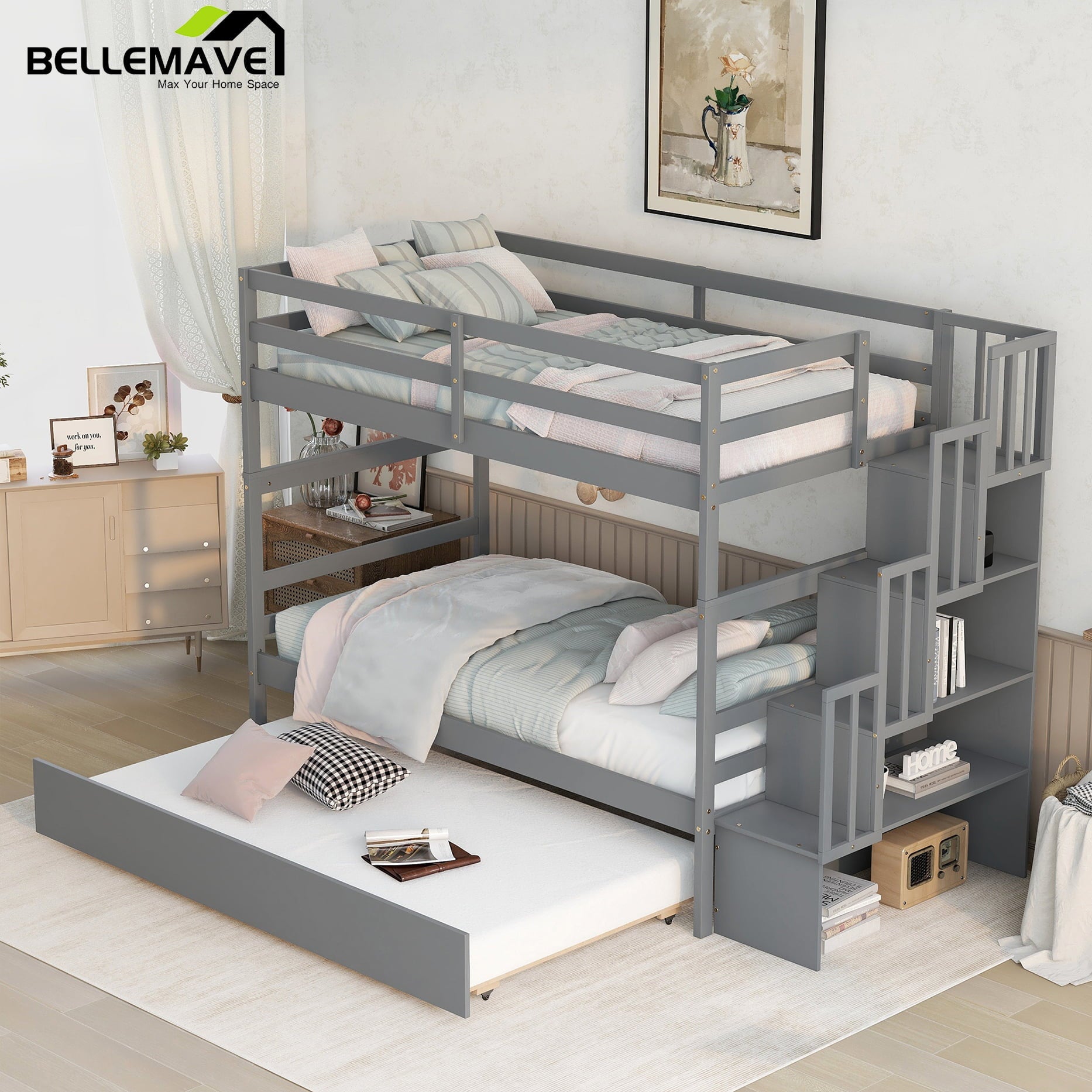 Bellemave Twin over Twin Stairway Bunk Bed with Trundle Wooden Bunk Bed Frame with Guardrails and Staircase, Twin Size Bunk Bed with Storage Stairs for Kids, Teens, Gray