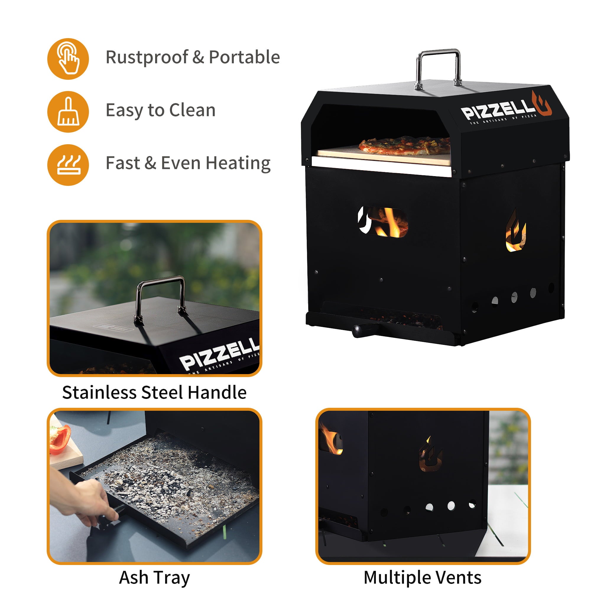 Pizzello 4 in 1 Outdoor Pizza Oven Wood Fired 2-Layer Detachable Outside Ovens with Pizza Stone, Pizza Cutter, Pizza Peel, Cover, Cooking Grill Grate - Black