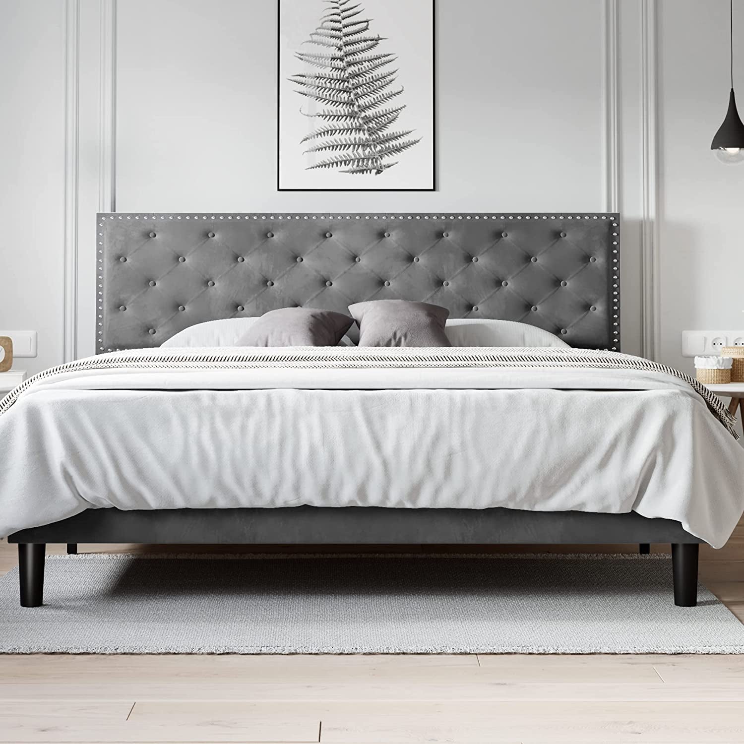 Allewie King Size Bed Frame, Velvet Upholstered Platform Bed with Adjustable Diamond Button Tufted & Nailhead Trim Headboard, Light Grey