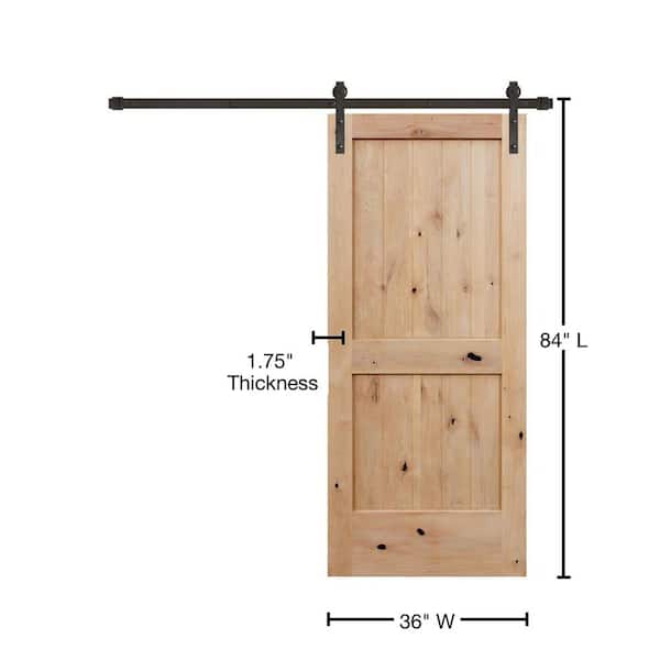 36 in. x 84 in. Rustic 2-Panel V-Groove Unfinished Knotty Alder Wood Interior Barn Door with Bronze Hardware