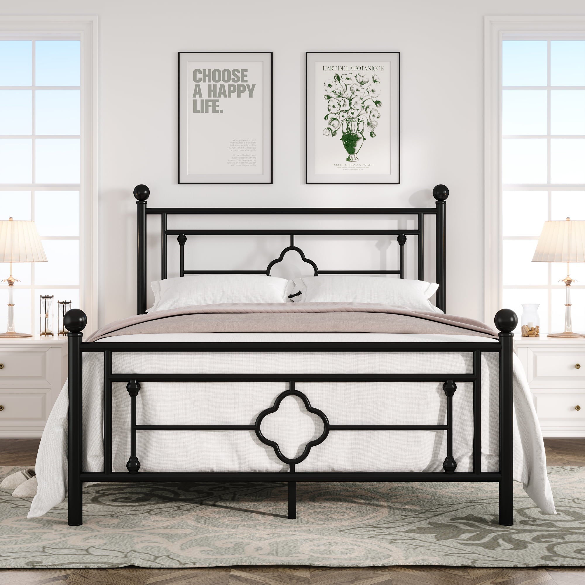 Einfach Queen Size Heavy Metal Bed with Vintage Headboard Pattern, Black