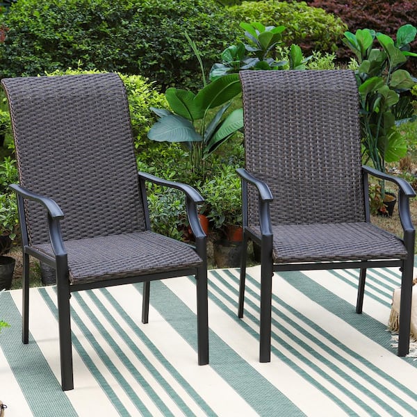 7-Piece Black Metal Patio Outdoor Dining Set with Rectangle Table and Brown Rattan High Back Wave Arm Chairs