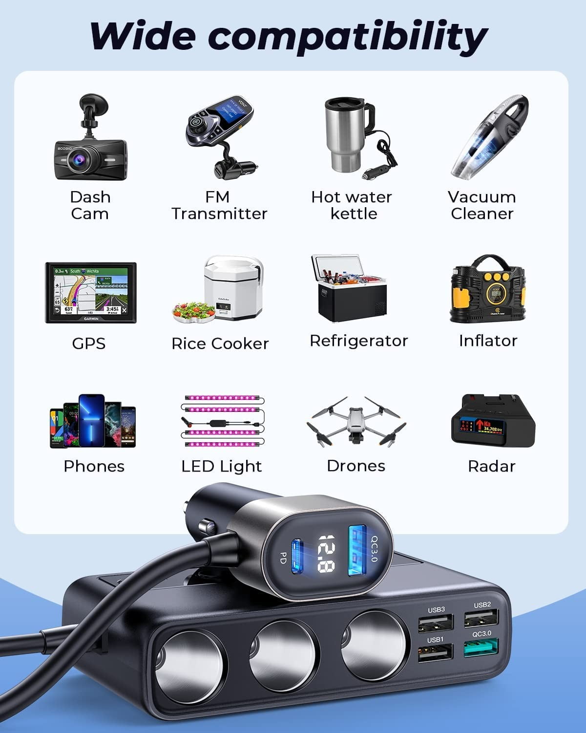 JOYROOM 3 Socket Car Cigarette Lighter Adapter, 154W PD & QC 3.0 Fast USB Car Charger, 12V/24V DC Outlet Cigarette Lighter Splitter with Individual Switches for All Car Devices