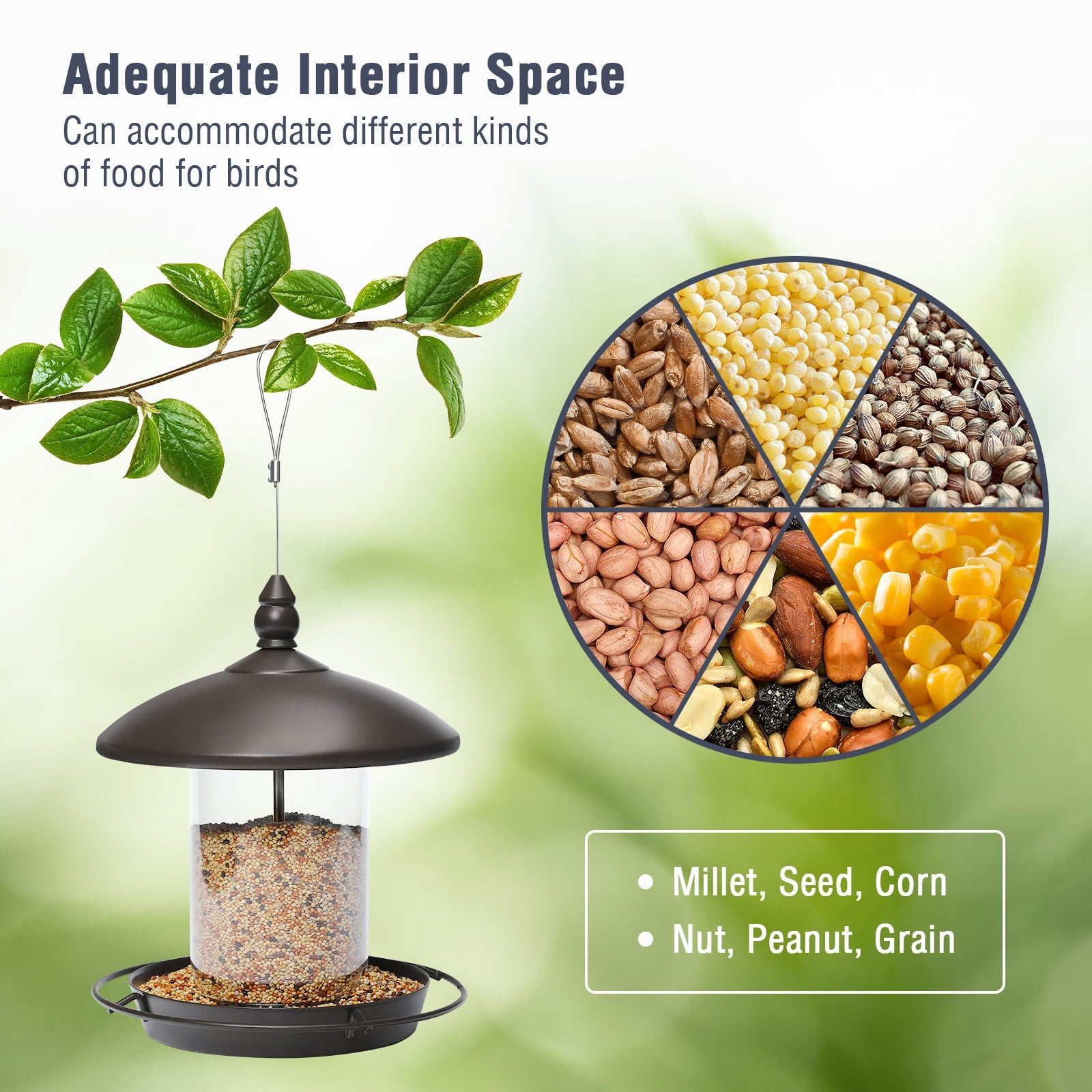 Stagmoo Bird Feeder,Anti-Squirrel Hanging Bird Feeder, Frosted Metal Bird Feeder,  Outdoor Bird Feeder for Garden or Yard Decoration, Round Roof Design for Sun-Proof and Rainproof, Brown