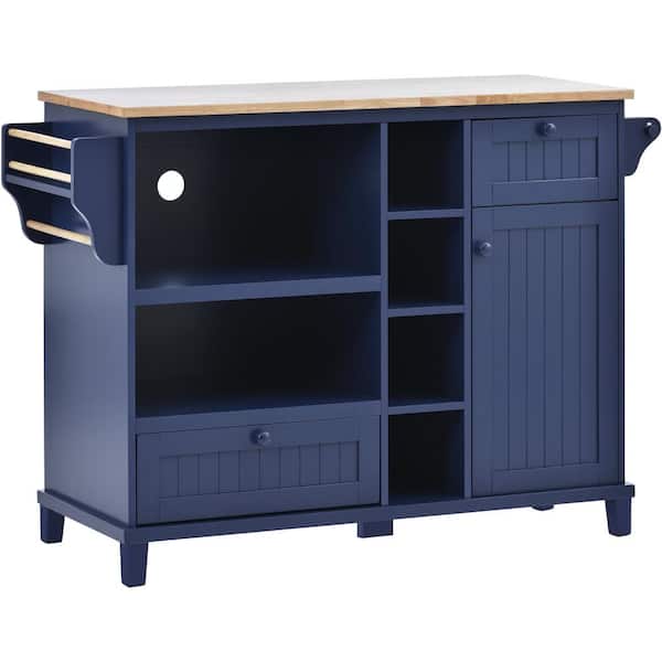 Brown Solid Wood Top 50.8 in. Dark blue Kitchen Island with Storage Cabinet and Microwave cabinet