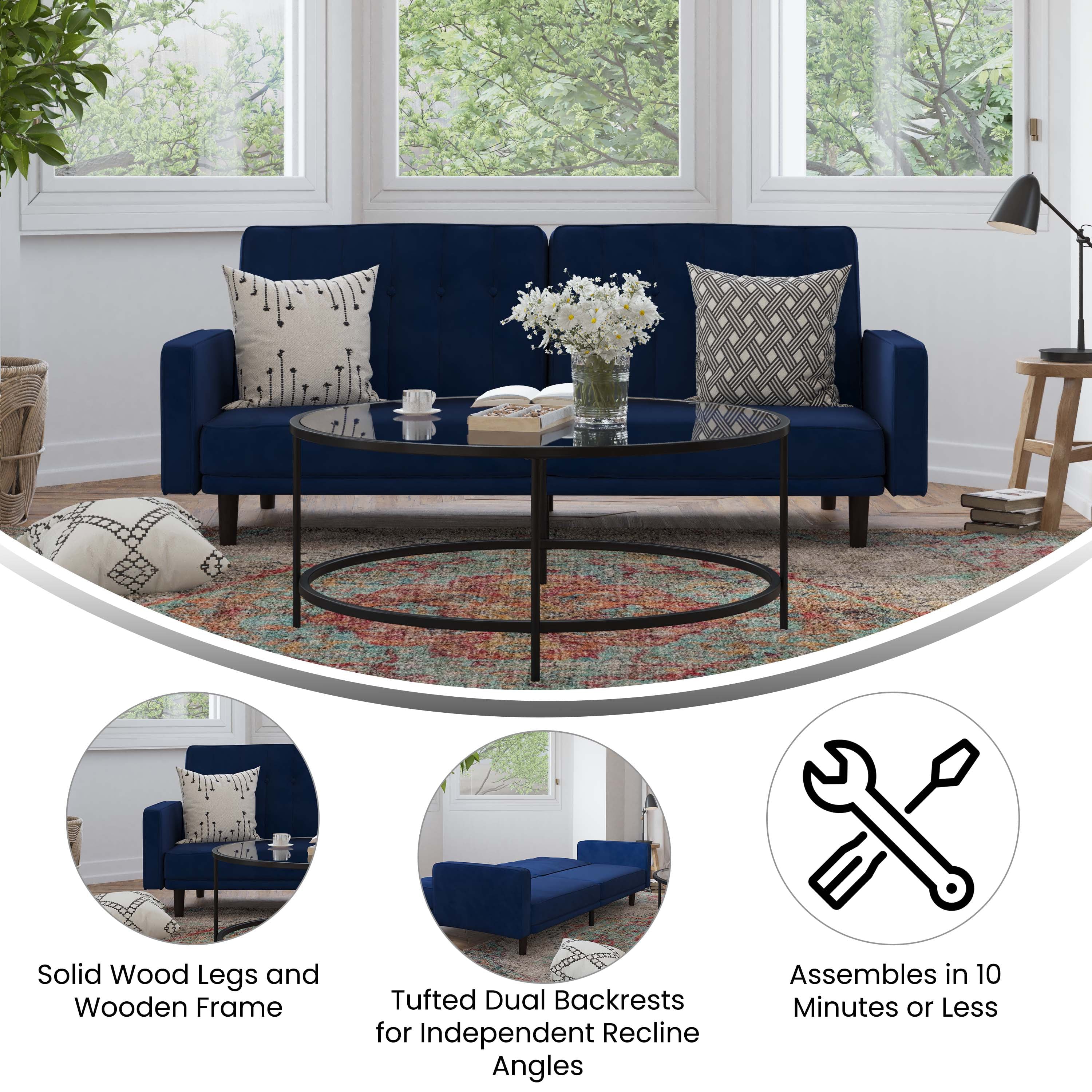 Emma + Oliver Plush Padded Velvet Upholstered Split Back Sofa Futon with Vertical Channel Tufting and Wooden Legs in Navy