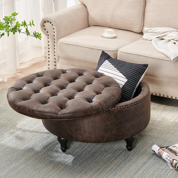 SIDA 30 in. Round Storage Ottoman, PU Leather, Traditional Style, Nail Head Tufted Seating, Footrest Stool Bench, Brown