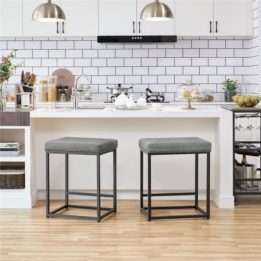 Topeakmart 2pcs 24'' H Modern Leather Bar Stools Backless Counter Hight, Gray