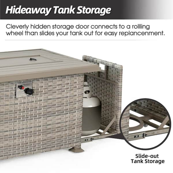 43.3 in. W Beige Brown Wicker Gas Fire Table Patio Propane Aluminium Rectangle Gas Fire Pit with Glass Wind Guard