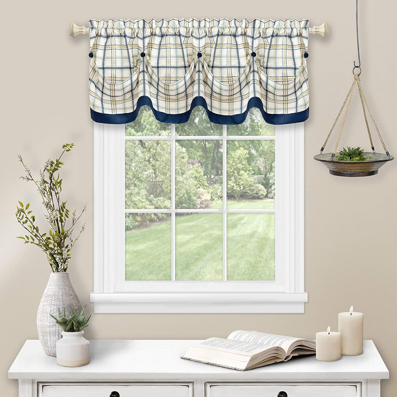 3-Piece Window Kitchen Curtain Set with Double Layer Plaid Gingham Fabric, Tier Pair Panels and Button Tab Top Valance, Navy, 24