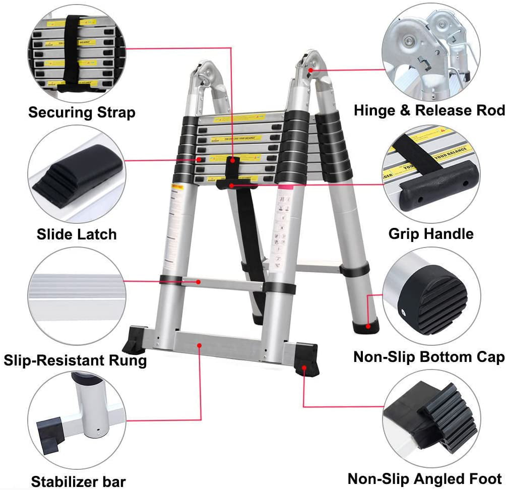 Bowoshen Telescopic Loft Ladder 16.5Ft Extendable Collapsible Step Ladders Securing Bolt 330lb Loading EN131 Certified