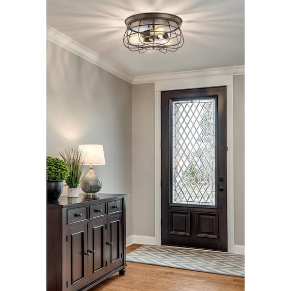Calvia 15.7 in. 3-Light Farmhouse Metal Cage Flush Mount, Oil Rubbed Bronze