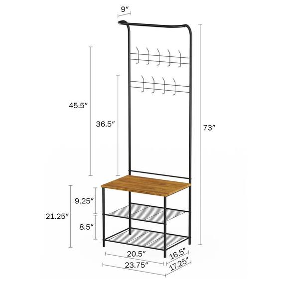 Rustic Brown Woodgrain and Black Rustic Farmhouse Style Entryway Hall Tree and Coat Rack