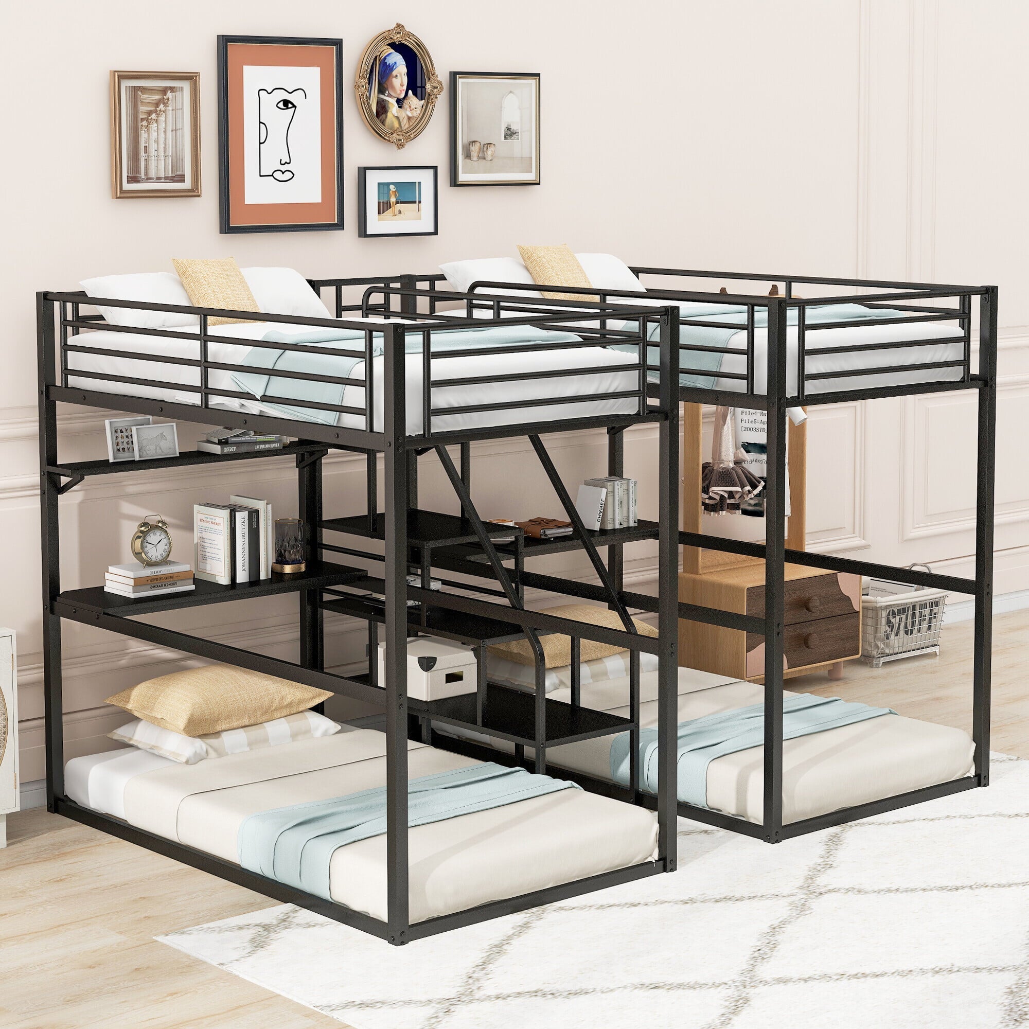 DreamBuck Double Twin over Twin Metal Bunk Bed with Desk, Shelves, and Storage Staircase, Black