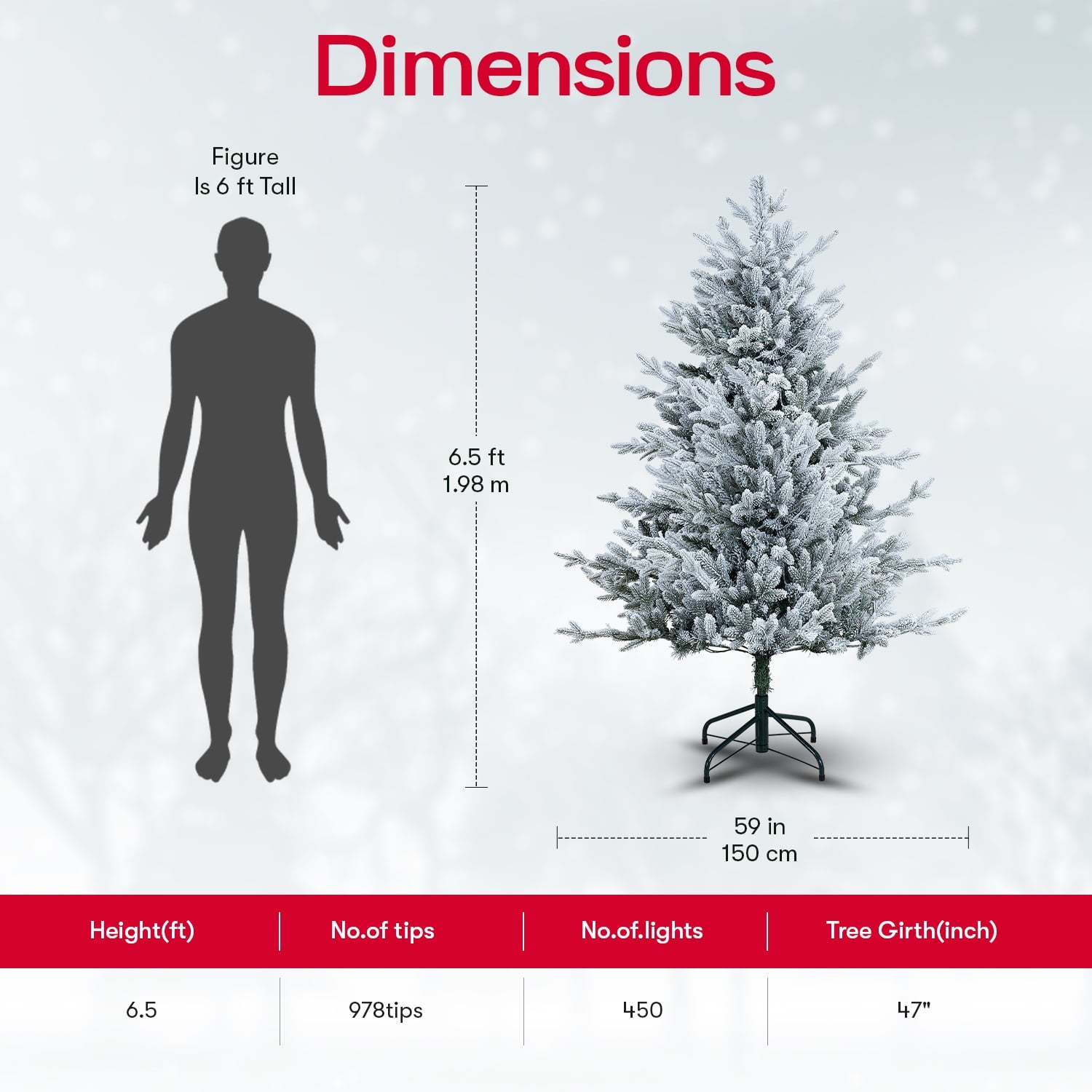 6.5ft Frosted Christmas Tree with Lights, Christmas Tree Prelit with 2456 Branch Tips, 450 Warm Lights and Metal Stand by Homestock