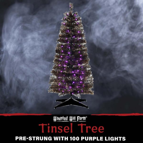48 in. Halloween Black Tinsel Tree with Purple LED Lights