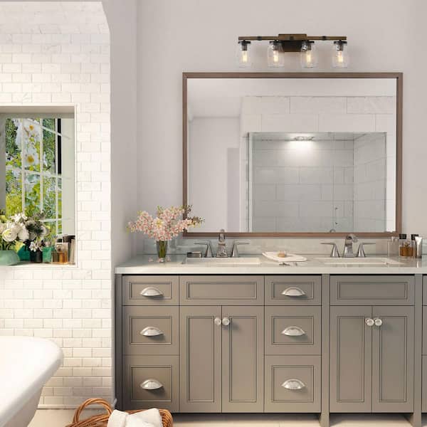 29 in. 4-Lights Bronze Farmhouse Rustic Bathroom Vanity Light with Painted Wood Accents and Seeded Mason Jar Glass Shade