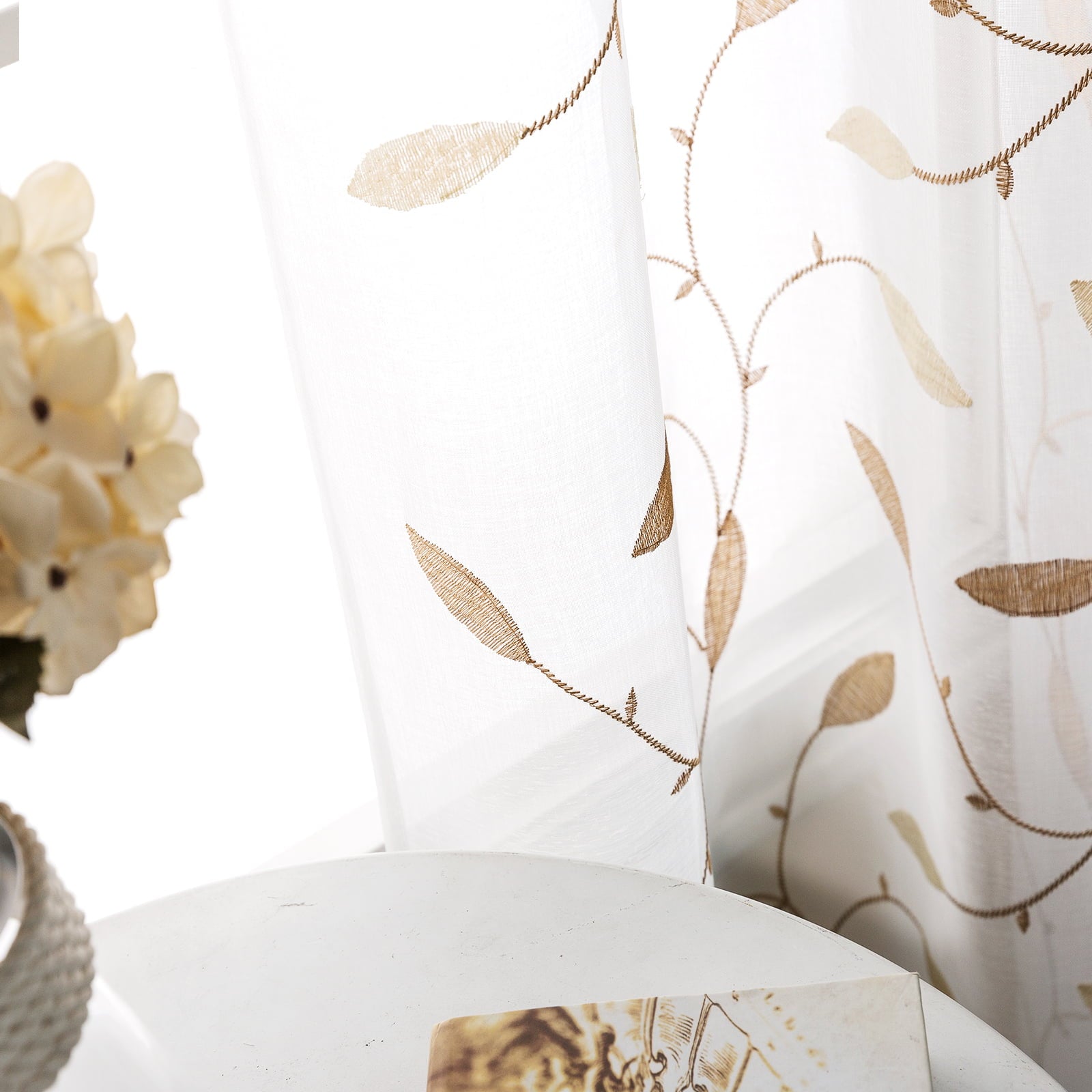 Curtainking Farmhouse Leaf Embroidery Grommet Sheer Curtains, 58