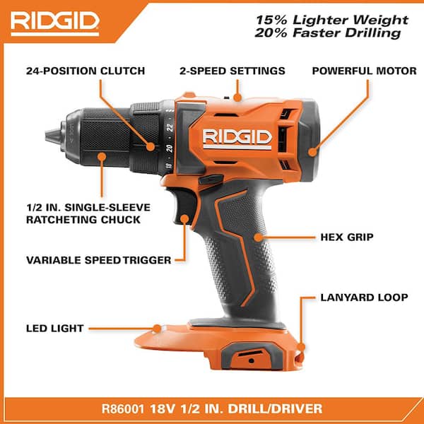 18V Cordless 2-Tool Combo Kit with 1/2 in. Drill/Driver, 1/4 in. Impact Driver, (2) 2.0 Ah Batteries, Charger, and Bag