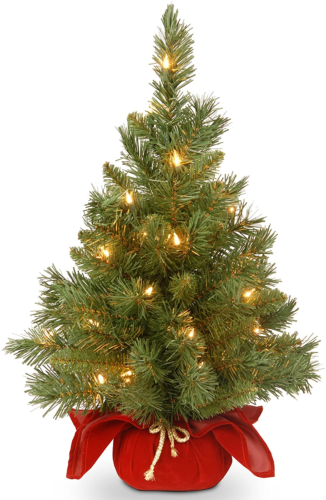 Pre-Lit Artificial Mini Christmas Tree | Includes Small Lights and Cloth Bag Bas