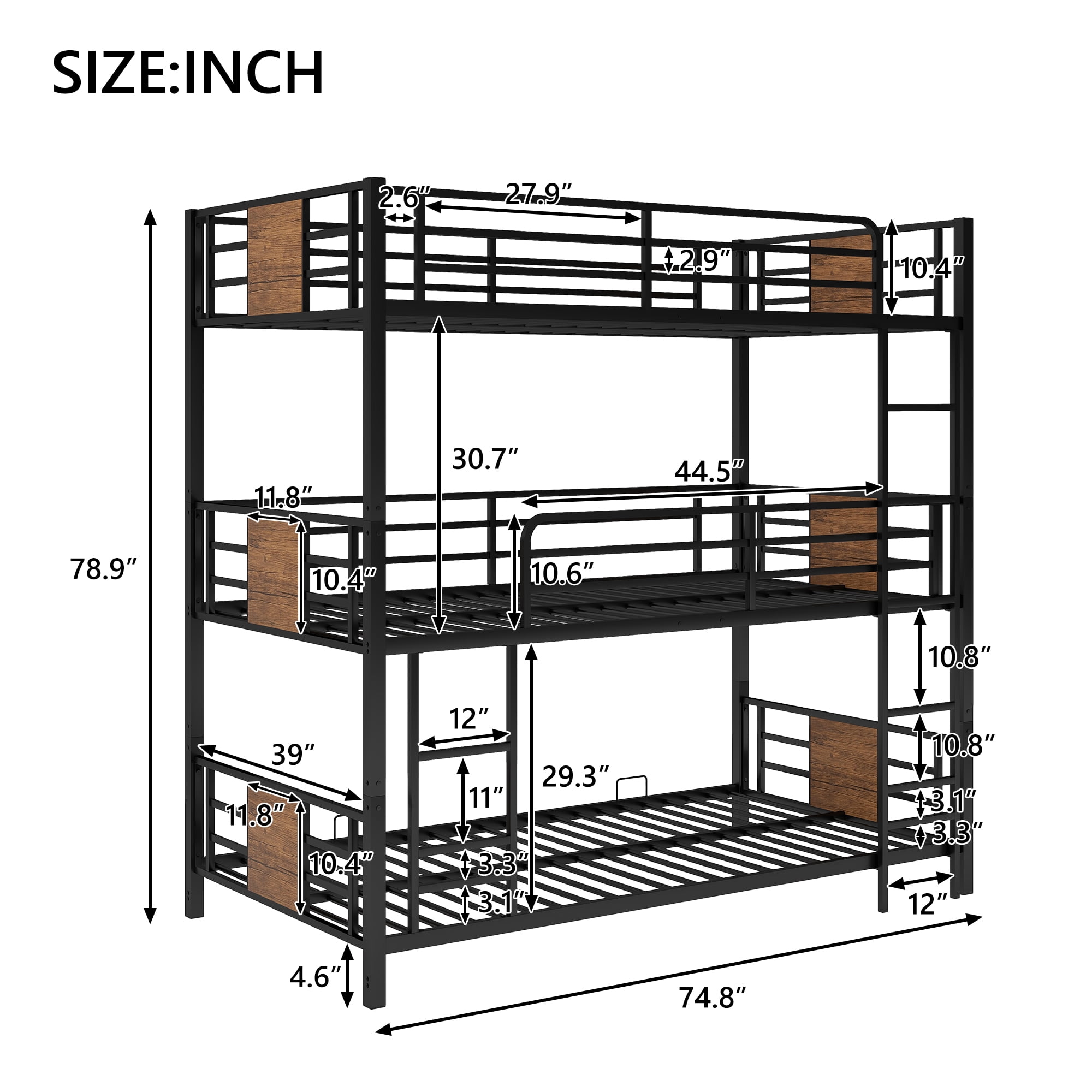 Euroco Metal Twin over Twin over Twin Bedroom Bunk Bed, Triple 3-in-1 Bed, Brown