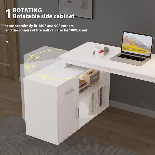 L-Shaped Wooden Writing Desk, White Finish with 1 Drawer, Open Shelves and Eco-Friendly Paint Finish, 55.1 in. W