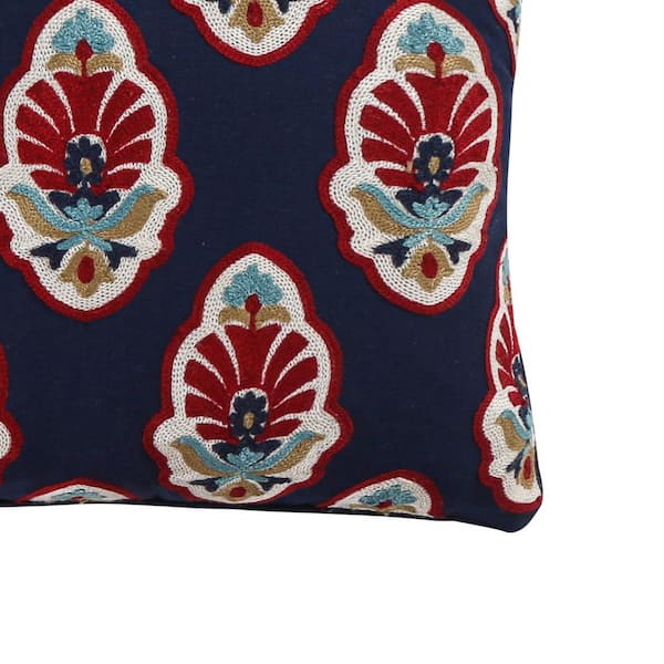 Moreno Navy With Multi-Color Embroidered Damask Pattern 18 in. x 14 in. Throw Pillow