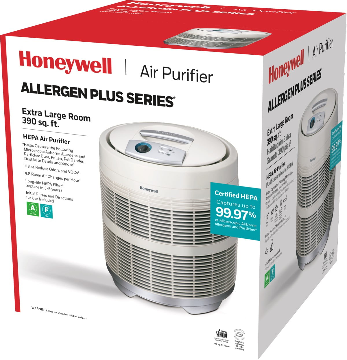 Honeywell Allergen Plus HEPA Air Purifier Allergen Reducer 390 sq ft Wildfire/Smoke, Pollen, Pet Dander, White, 50250-S