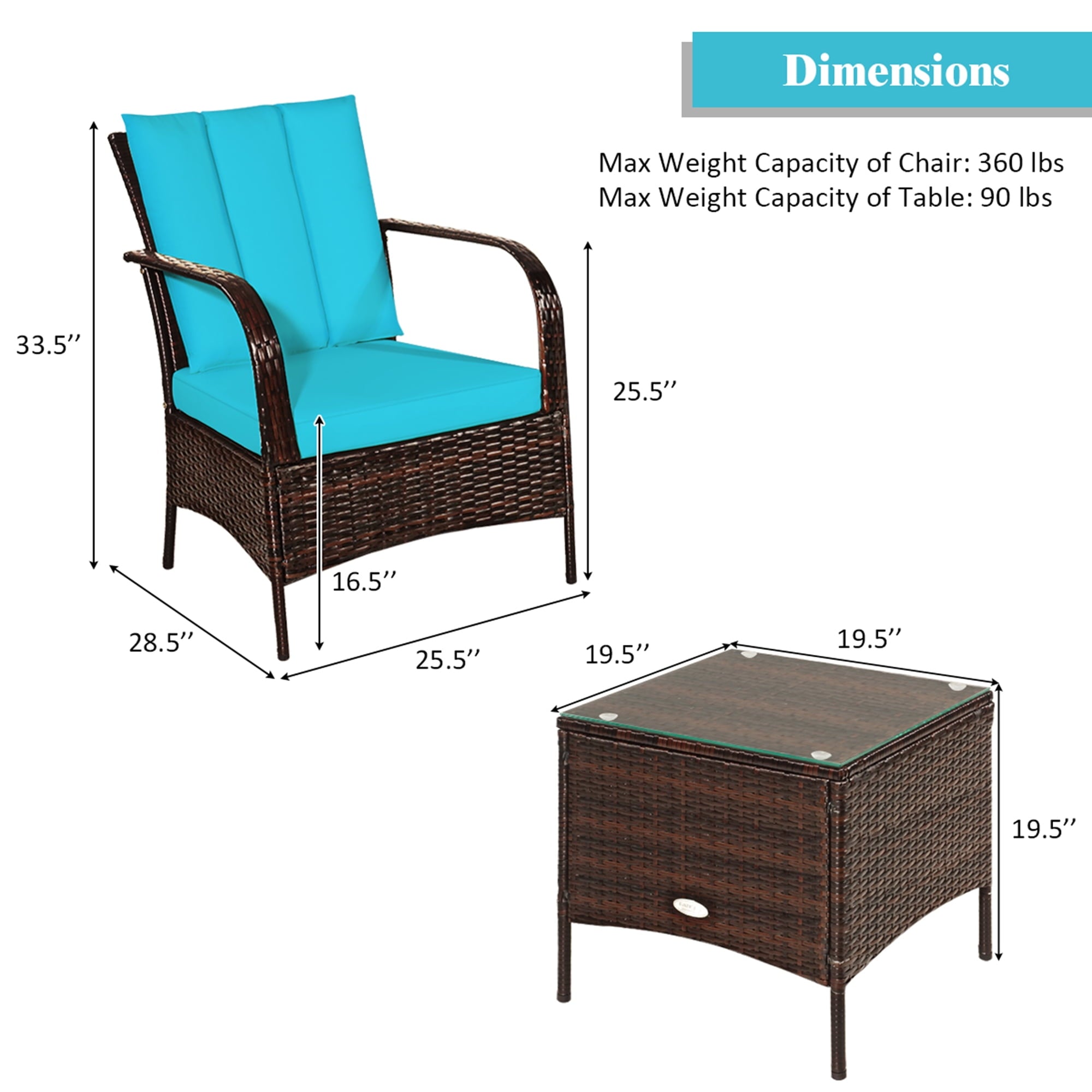 Gymax 3PCS Patio Rattan Conversation Set Outdoor Furniture Set w/ Turquoise Cushion