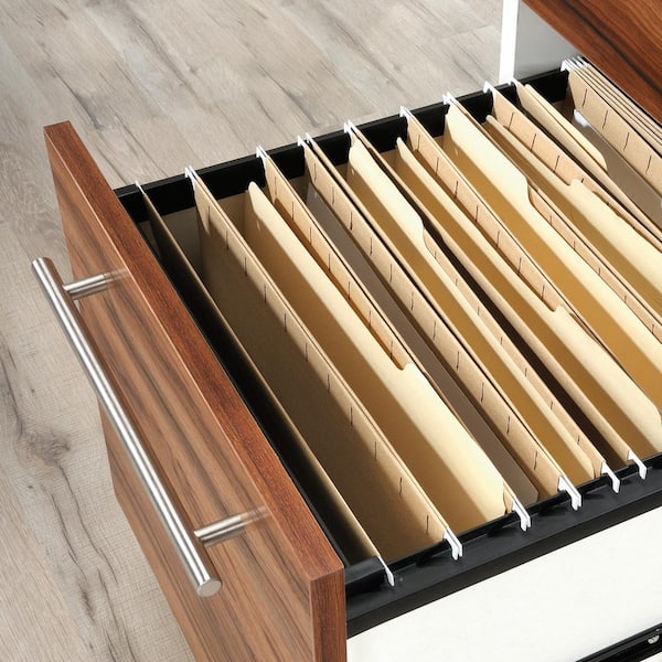 Vista Key 59 in. L-Shaped Pearl Oak with Blaze Acacia Engineered Wood 2-Drawer Desk