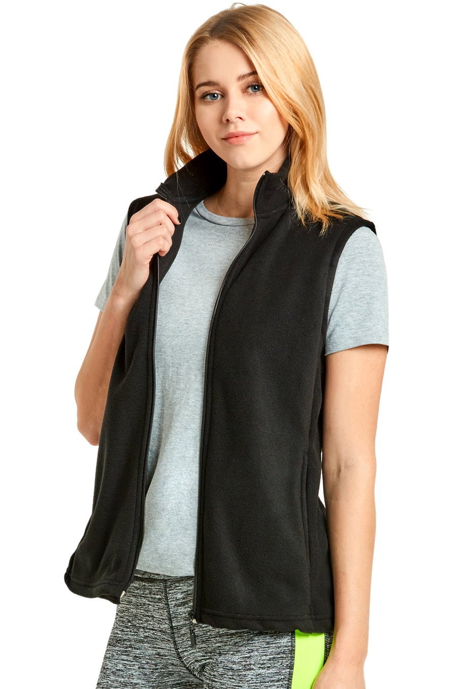 Sofra Women & Plus Lightweight Full Zip Up Soft Fleece Zippered Vest (Black, S)