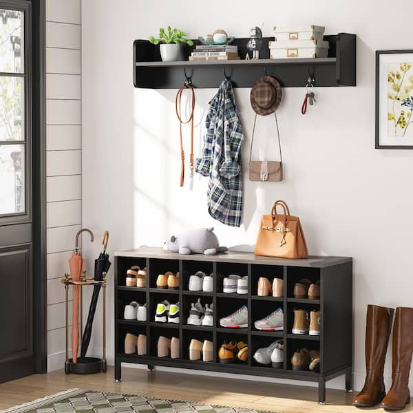Carmelita Black Hall Tree with Shoe Storage and Coat Rack, Shoe Organizer with Wall Mounted Shelf and Hooks