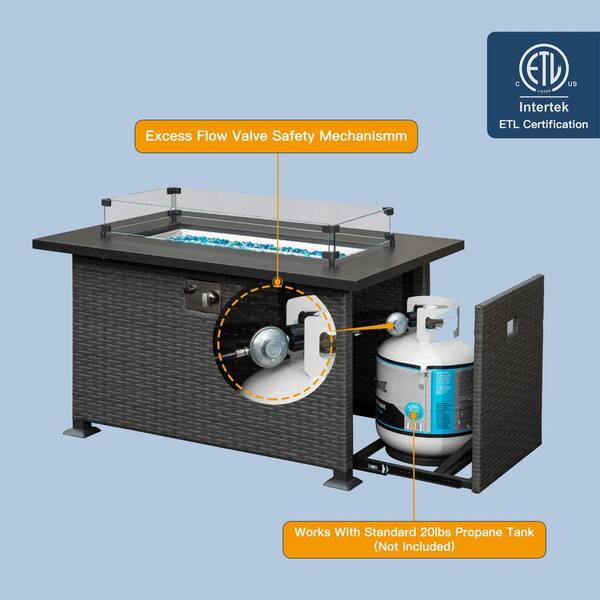 Dark Gray Rectangle Steel 43.31 in. 50000 BTU Propane Fire Pit Table with Glass Wind Guard and ETL-Certified